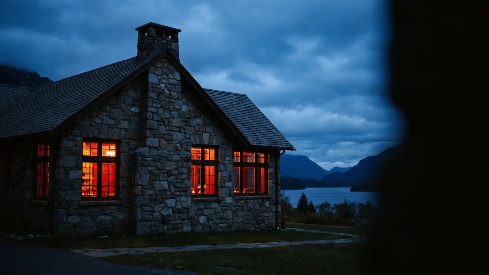 Maison au bord du lac Léman, fenêtres éclairées au crépuscule