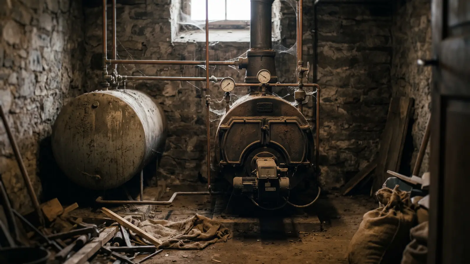 Ancienne citerne à mazout et chaudière dans une chaufferie au sous-sol